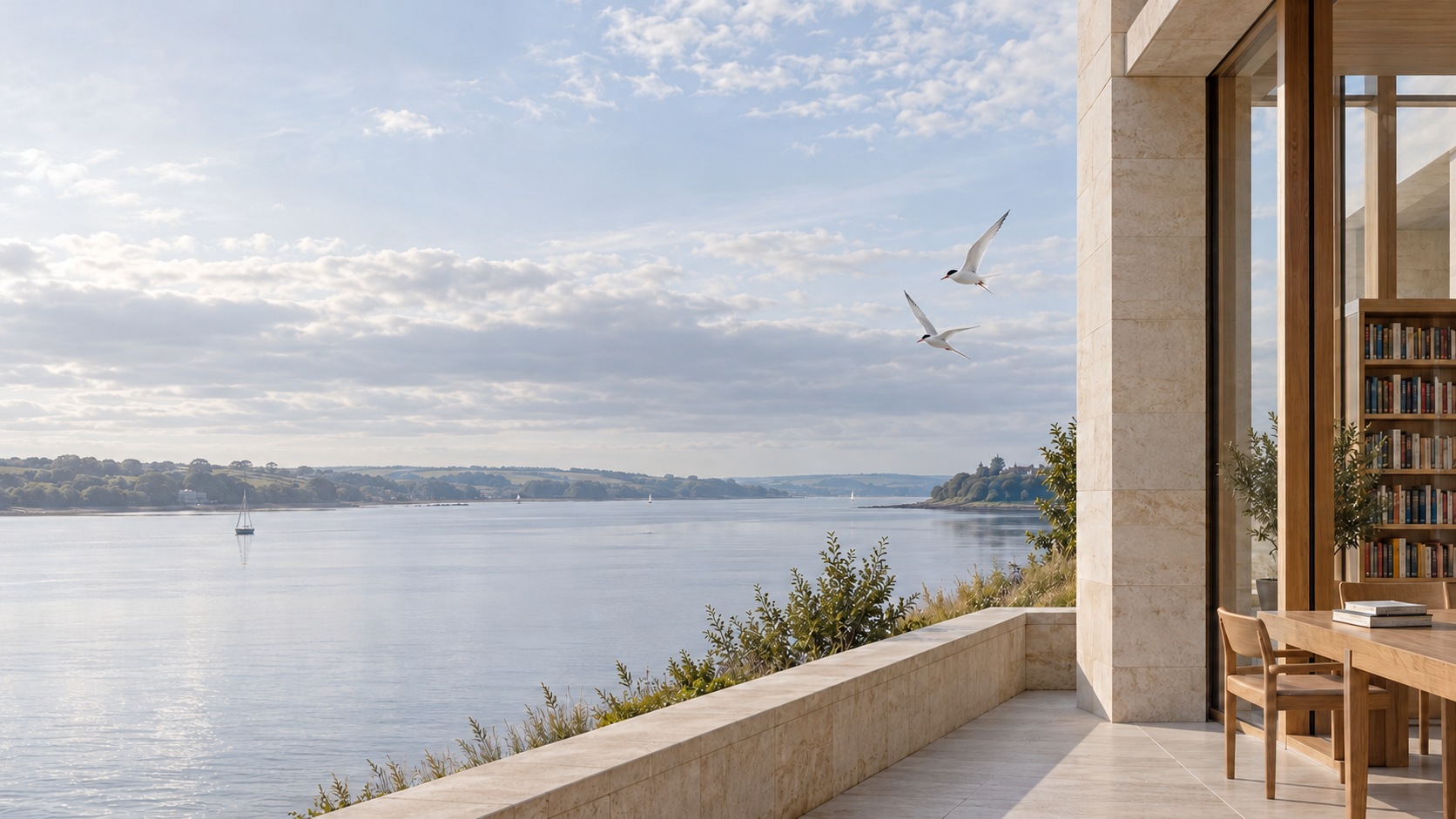 Conceptual image of terns in flight beside a waterside learning space