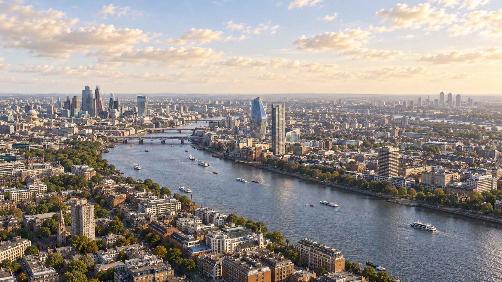 Conceptual elevated view of London and the Thames in warm daylight